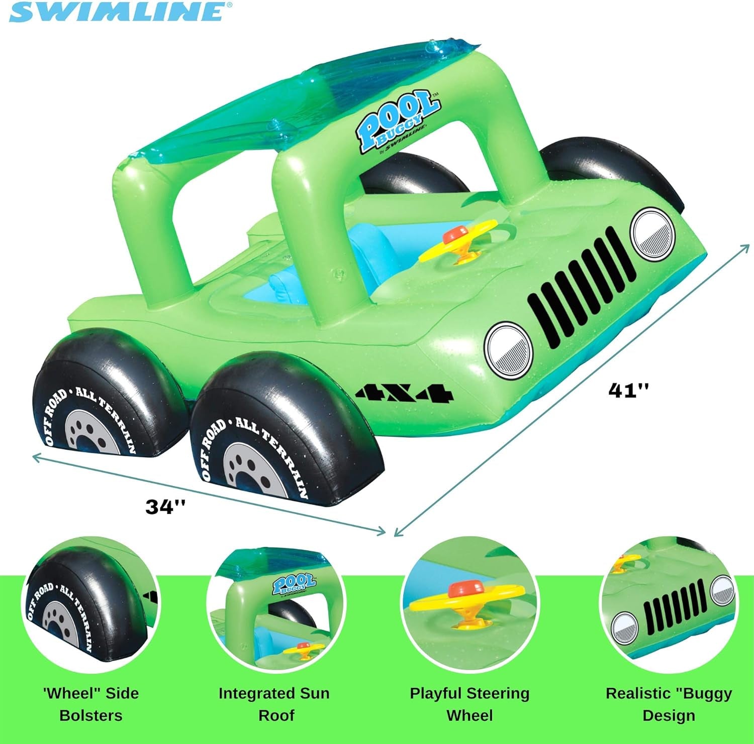 Inflatable Swimming Pool Float Ride-On Mattress Lounger Raft – Fun Poolside Relaxation for Family, Buggy Car, Green, 41"