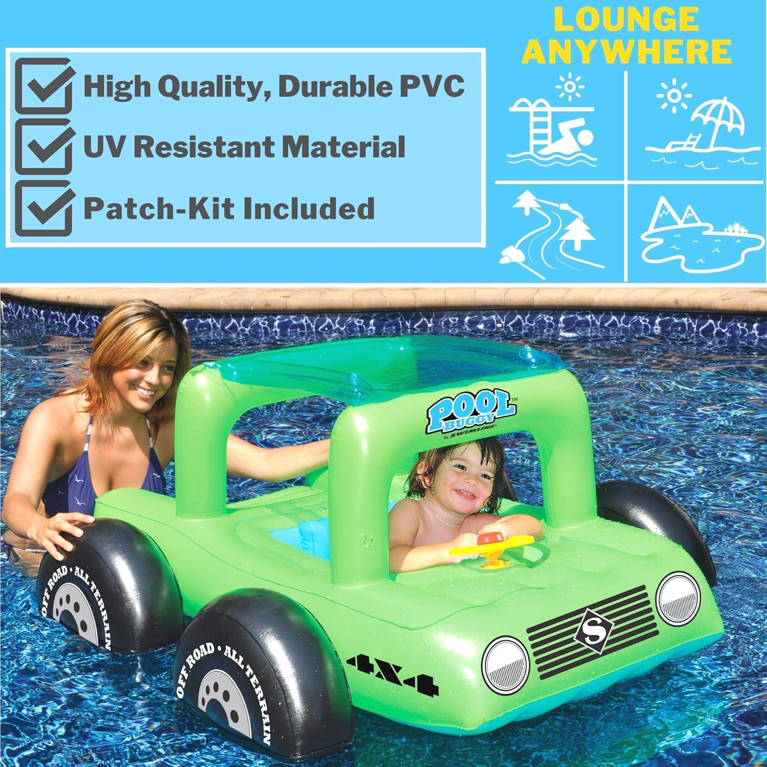 Inflatable Swimming Pool Float Ride-On Mattress Lounger Raft – Fun Poolside Relaxation for Family, Buggy Car, Green, 41"